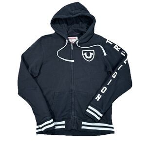 True Religion Full Zip Hoodie Black Faded Streetwear Double Sided Mens Medium